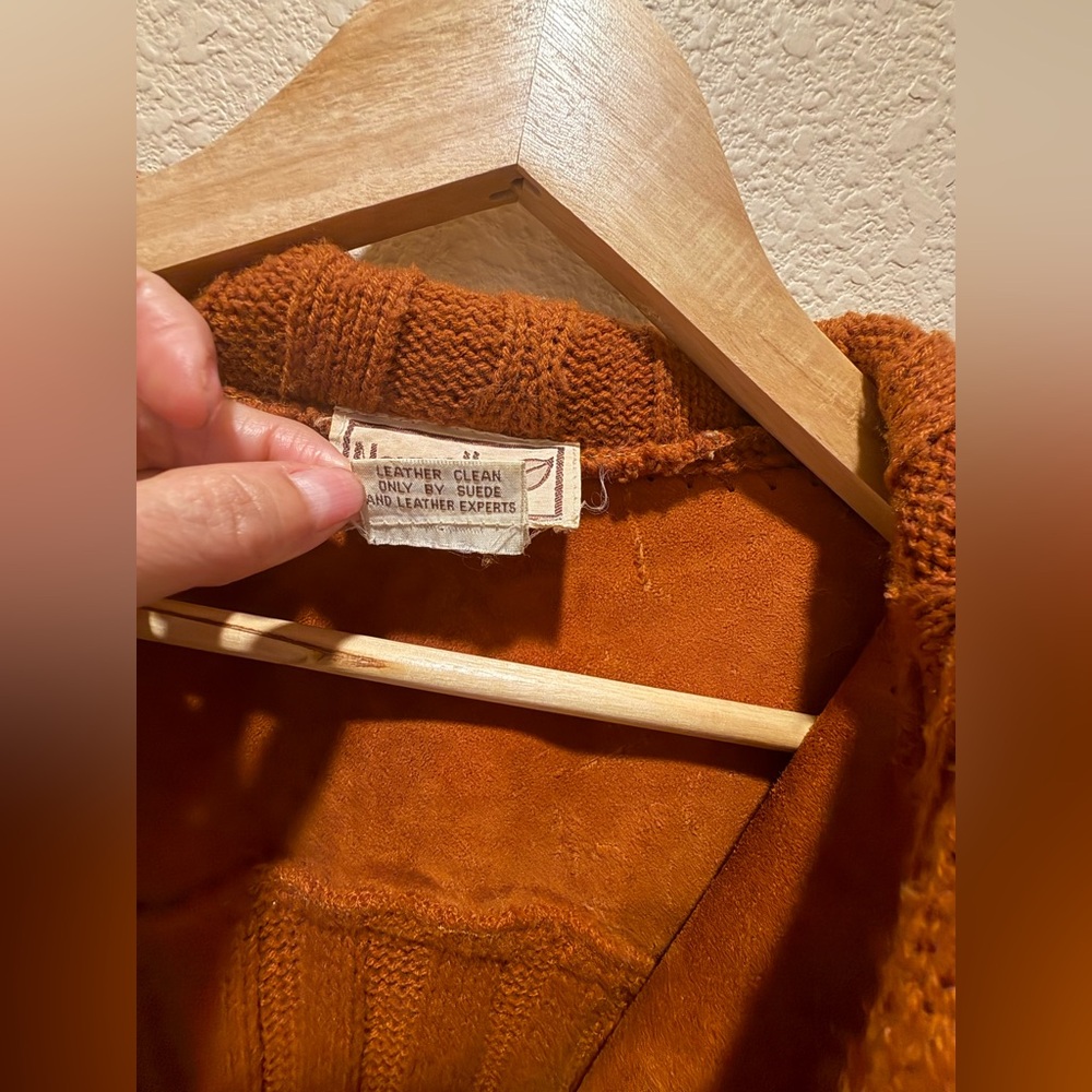 Vintage 1970s Terracotta Leather Suede Knit Crochet Hooded  Jacket Coat, Grunge - Picture 7 of 14